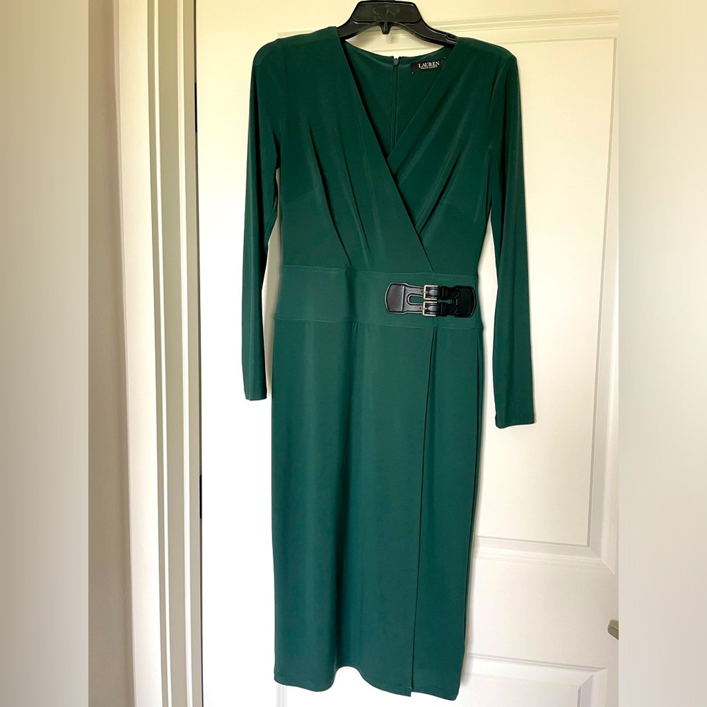 Lauren Green Wrap Dress with Leather Waist Buckle - Size 2 -Tea Length